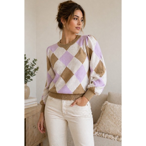 LOFT Sweaters - LOFT Argyle Sweater XS Pink Beige Cream Puff Sleeve Soft Knit Womens